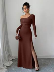 Siren Gaze 女士褶皱腰单肩派对和节日连衣裙，长袖开衩连衣裙，修身修身连衣裙，女士服装 - 棕色 - 查看 3
