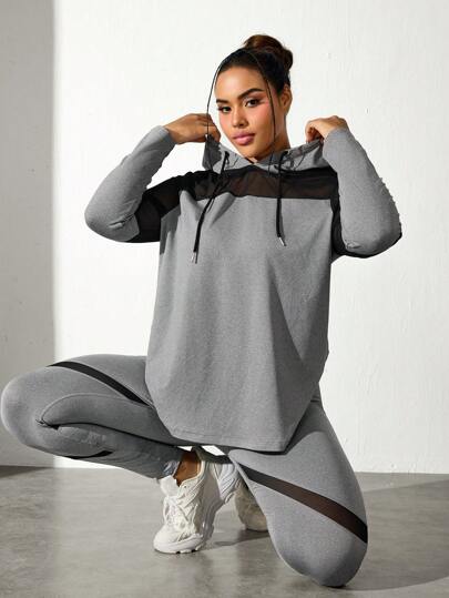 SHEIN Rhythm Era Plusstorlekar Dam Enfärgad Dragsko Hoodie Och Byxor Sportdräkt Träningsset Dam