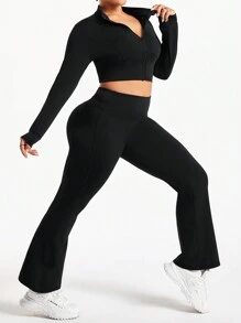 Plus Size Women Sports Casual Yoga Running Zip Half Placket Long Sleeve Top & Pants Fitness Workout Set Workout Women Set
