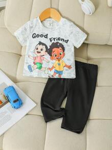 男女通用男婴服装，可爱卡通印花短袖 T 恤搭配黑色慢跑裤套装，适合宝宝春夏季穿着 - 彩色 - 查看 5