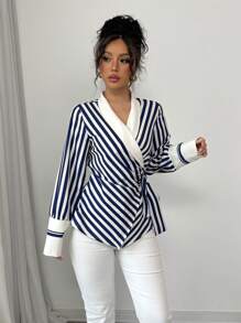 Rafferiza 女士春秋季立领系腰不对称下摆设计印花蓝白条纹优雅工作商务休闲衬衫