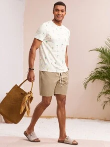 Manfinity VCAY 2pcs/Set Men Casual Loose Short Sleeve T-Shirt & Elastic Waistband Straight Hem Shorts Set - Apricot - View 4