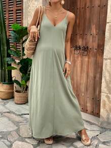 SHEIN Maternity Solid Color Slim Strap Casual Long Spaghetti Strap Dress