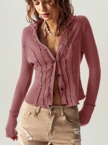 Bohemela Top ajustado de manga larga y apertura frontal de punto de unicolor para mujeres