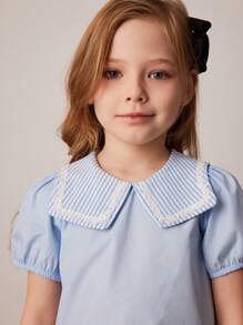 PrepCrw 少女夏季海军蓝条纹针织修身高领 T 恤 - 藍色 - 查看 6