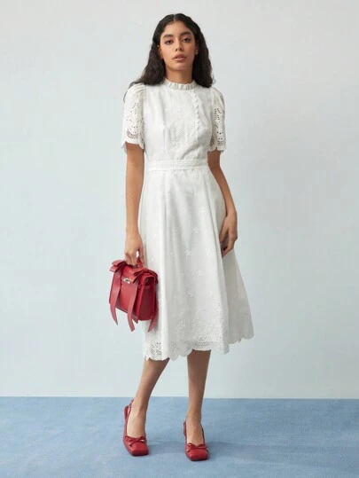 MOTF STUDIO SCHIFFY FRILL MOCK NECK PUFF SLEEVE SCALLOP EDGE MIDI DRESS