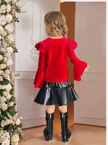 2pcs Young Girl Set: Knit Plain Crew Neck Ruffle Casual Top + Woven PU Leather Mini Skirt, For Christmas