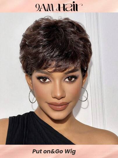 Short Machine Made Bang Wig, Color 2# Pixie Wig Chocolate Brown None Lace Wig With Fringe, Natural Layered Wigs Human Hair Wear And Go