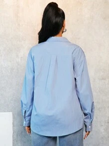 BamGleam 女士纯色长袖简约休闲日常衬衫 - 藍色 - 查看 2