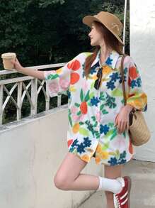 DAZY Women All-Over Print Turndown Collar Casual Short Sleeve Shirt Floral,Fall Clothes - Multicolor - View 7