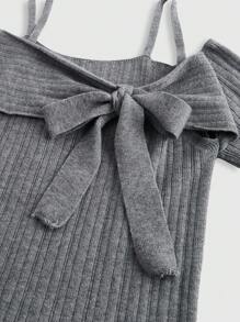 ROMWE Kawaii Suéter gris para mujer con mangas largas elásticas, cuello de volantes con lazo, hombros descubiertos y cintura elástica, de estilo elegante y dulce de primavera