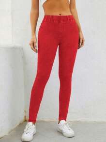 SHEIN Solid Color Casual Simple Fashion Jeans For Daily Wear - Red - View 4