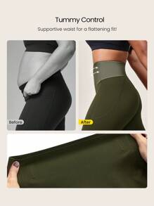 GLOWMODE Leggings con fajín y bolsillos laterales FeatherFit™-Sculpt de 24 pulgadas, con ajuste ceñido y antideslizante, control de abdomen, adecuado para entrenamiento, ejercicio y gimnasia de impacto medio - Verde militar - Ver 7