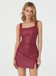 SHEIN EZwear 女士纯色方领 PU 皮革无袖侧开衩迷你连衣裙 - 酒紅色 - 查看 1