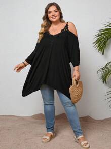 SHEIN CURVE+ Plus Size Summer Lace Collar Floral Patchwork Cold Shoulder Asymmetrical Hem T-Shirt Boho Vacation