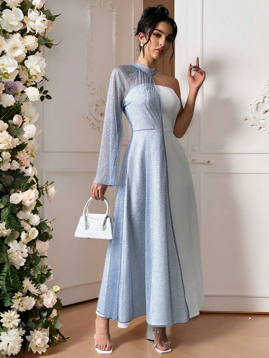 SHEIN Privé Light Blue And White,Autumn,Elegant,Formal Women's Mesh Overlay Single Bell-Sleeve Strapless A-Line Dress Luxurious New Year Party Date - Blue and White - View 1