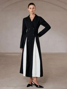 SHEIN Privé 复古法式优雅泡泡袖翻领拼色褶皱高腰连衣裙 - 黑與白 - 查看 5