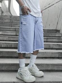 Manfinity EMRG Men's Mid Blue Vintage Washed Distressed Ripped Street Style Loose Denim Shorts Jorts Going Out Hang Out Commute Vacation Street