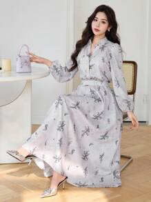 DAZY 女士花卉印花 V 领灯笼袖衬衫和 A 字裙 2 件套