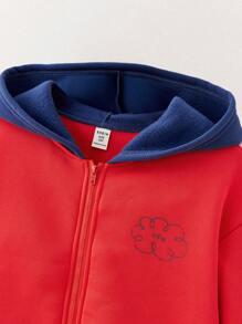 SHEIN Tween Boy 拼色长袖连帽休闲拉链夹克，秋冬