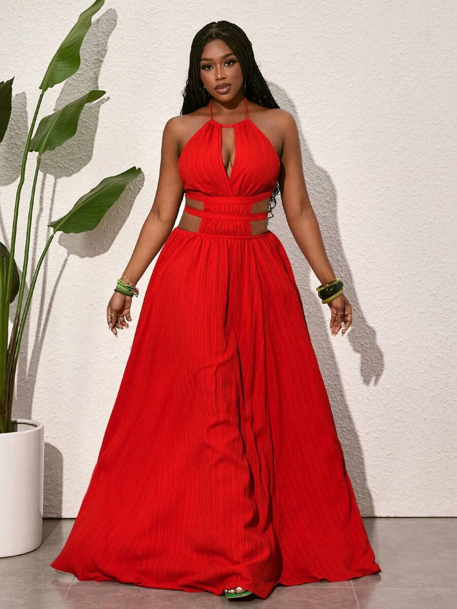 Slaydiva 夏季扎染印花锁眼露背连衣裙 - 紅色 - 查看 1