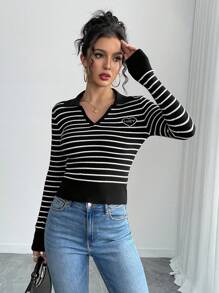 Chiquease Stylish Color-Block Striped Knitted Long Sleeve Sweater Top, Heart Embroidery Ribbed Waist Design, Versatile For Women