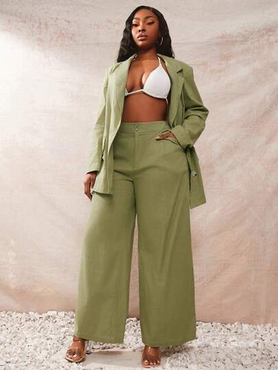 SHEIN SXY 2 件套大码女式旅行宽松双排扣西装外套和裤子套装，春夏季，适合日常穿着、西装、邮轮服装、音乐节、音乐会、狂欢派对、海滩度假、约会之夜、生日、单身派对服装、俱乐部、可爱、休闲、购物、街头服饰、外出、易于搭配且看起来苗条、突出您的身材、凸显身材