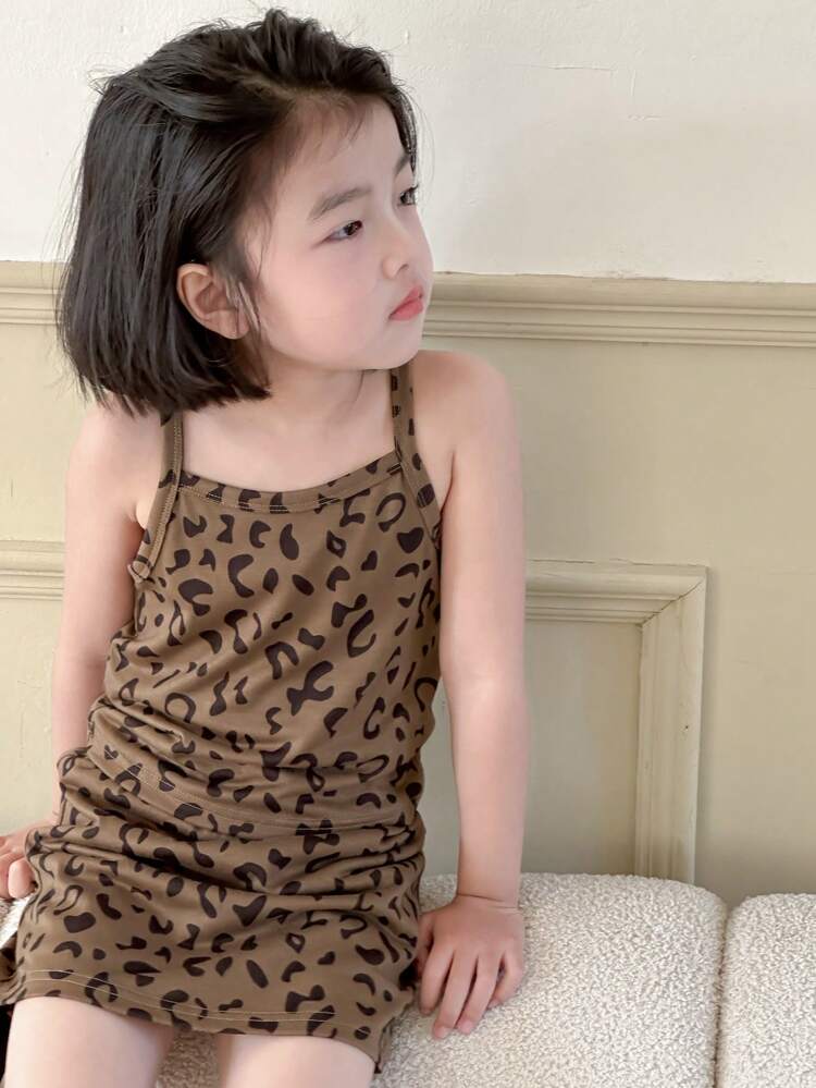 Young Girl Leopard Print Sleeveless Top And Mini Skirt 2pcs Set, Summer