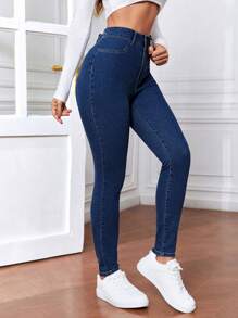 SHEIN Tall Jeans casuales sencillos y de moda para mujer, uso diario - Azul lavado oscuro - Ver 4