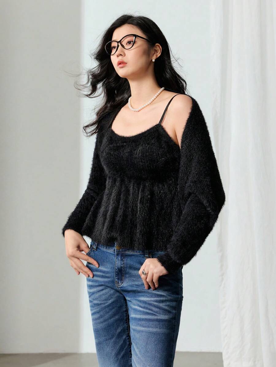EastFlair 2pcs Women Winter Thick Knit Suspender Strap Jumper Dress Set/Summer - Black - View 1