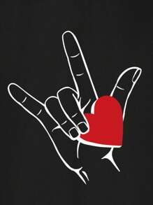 Manfinity Homme 时尚休闲情人节心形图案印花短袖 T 恤，修身版型，适合情侣装，送给男朋友的绝佳礼物 - 黑色 - 查看 3