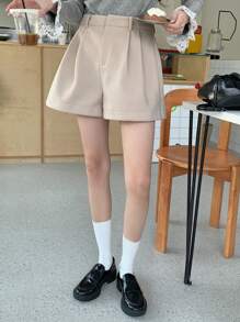 DAZY Quần short len ống rộng xếp ly màu trơn thường ngày cho nữ mùa thu, đông - Màu be - Xem 3