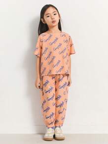 SHEIN Young Girls "Young Girls" Letter Print Loose Fit Dropped Shoulder Round Neck T-Shirt And Elastic Waist Ankle Length Pants Sets, Casual Daily Wear, Spring