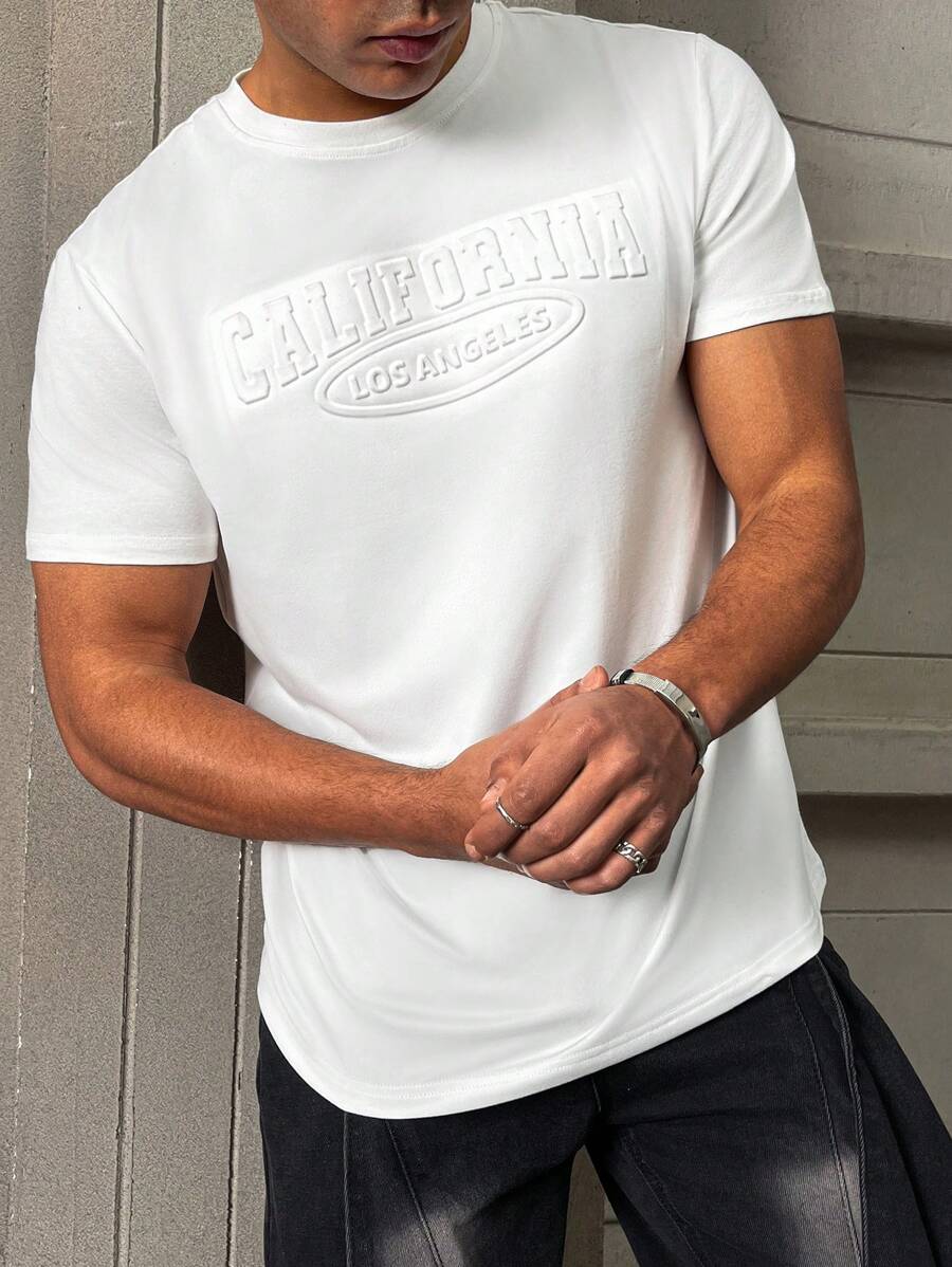 Manfinity Homme Camiseta casual minimalista de manga corta con cuello redondo y gráfico de letras de unicolor para hombre - Blanco - Ver 1