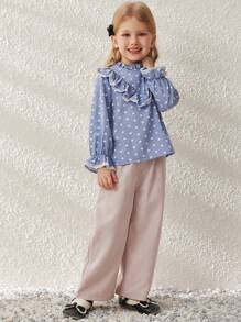 Blossori Young Girls Blue Polka Dot French Elegant Fitted Woven Shirt, Spring/Summer - Multicolor - View 1