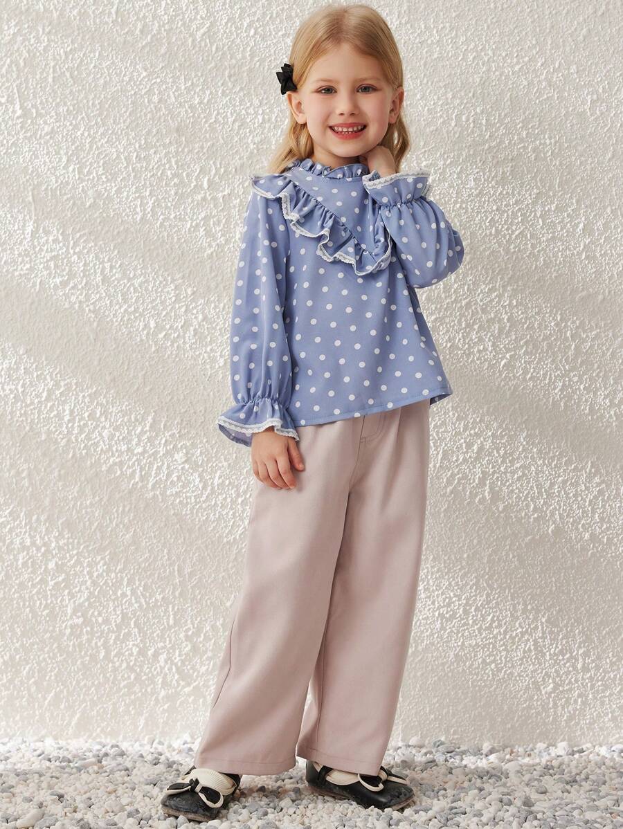 Blossori Young Girls Blue Polka Dot French Elegant Fitted Woven Shirt, Spring/Summer - Multicolor - View 1