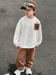 SHEIN 2 件儿童/青少年男孩休闲韩版拼色贴袋字母印花圆领宽松运动衫和抽绳宽松慢跑裤，适合春季、夏季、秋季、冬季上学、花园、海滩、生日 - 彩色 - 查看 1