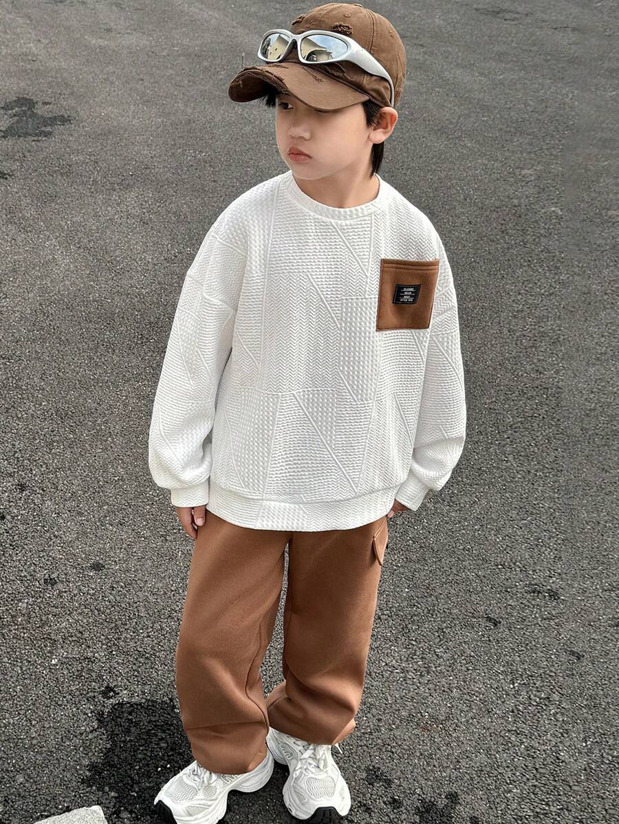 SHEIN 2 件儿童/青少年男孩休闲韩版拼色贴袋字母印花圆领宽松运动衫和抽绳宽松慢跑裤，适合春季、夏季、秋季、冬季上学、花园、海滩、生日 - 彩色 - 查看 1