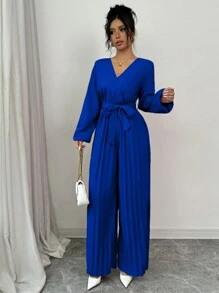 Elenzga Mono de manga abullonada con cuello en V y cintura ajustada, pierna larga con pliegues y pernera ancha, nuevo diseño primaveral