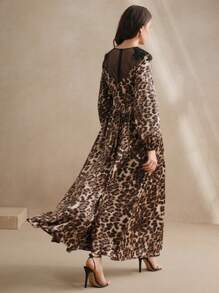 Anewsta Robe longue manches longues élégante pour femmes au printemps, taille cintrée, coupe slim, imprimé léopard et dentelle - Tabac - Voir 3