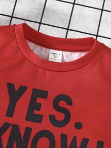 SHEIN 2pcs/Set Kids Boys Minimalist Letter Print Round Neck Short Sleeve T-Shirt And Shorts Comfy Pajama Sleepwear Set - Red - View 6