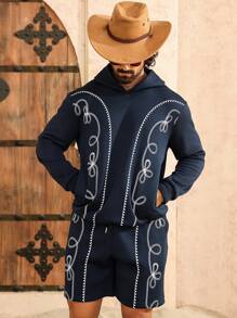 Manfinity Homme Men's Rodeo Outfit Pattern Long Sleeve Hoodie And Shorts Casual Sweatsuit Set, Autumn/Winter - Black - View 1