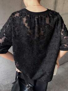 FRIFUL Women's Sheer Lace Loose Fit Round Neck Blouse - Black - View 7