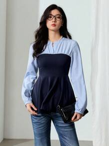 EastFlair Camisa de manga larga a rayas de bloques de color para mujer