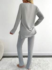 SHEIN Cottnline 2pcs Cotton Button Detail Shirt And Long Bottom Homewear Lounge Set - Light Grey - View 2