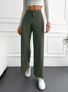 EURMUSE Casual Versatile Solid Color Bow Decor Straight Leg Pants - Khaki - View 5