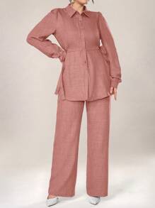 Graceveil 2pcs Women Casual Solid Color Long Sleeve Tie Side Shirt And Pants Set, Autumn 2 Pieces Set Modest Fall Cloth For Women - Orange - View 8