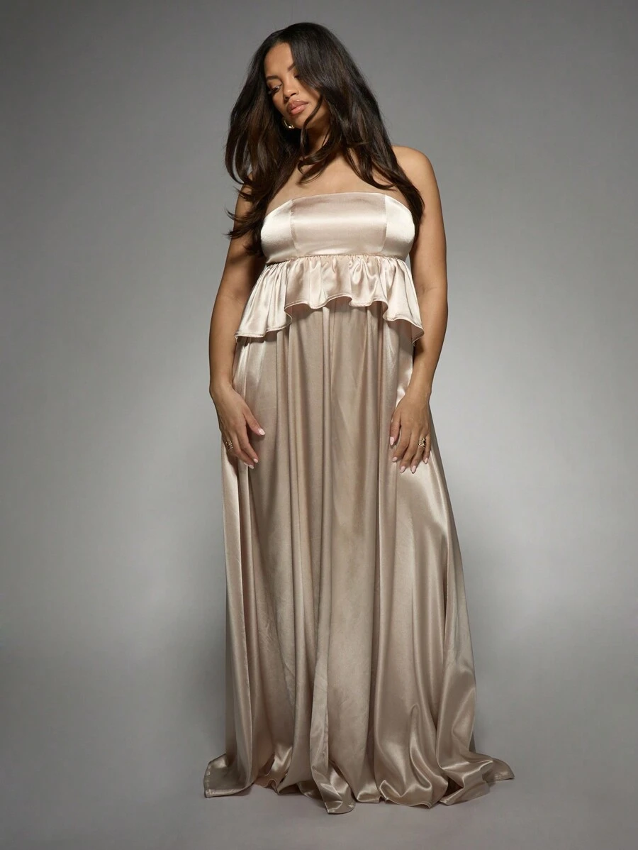 bow shoulder maxi dress Satin Asymmetric Bow Maxi Dress - White
