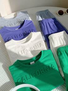 SHEIN Leap Crew 8pcs Baby Boy Or Girl Letter Print Soft Knit Crew Neck Short Sleeve Raglan Tee And Elastic Waist Shorts Set - Multicolor - View 7