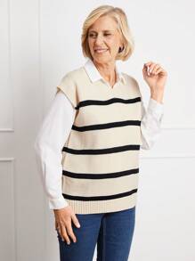 SHEIN LUNE 女士休闲撞色条纹 V 领针织背心 - 彩色 - 查看 7